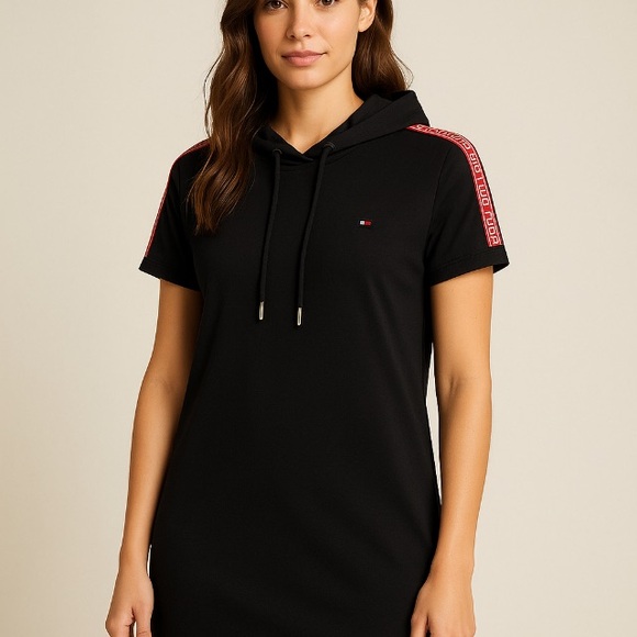 Tommy Hilfiger Black Hoodie T-Shirt Dress with Logo Tape – Size XL - Picture 1 of 12